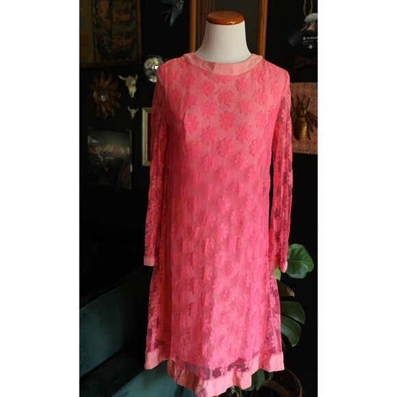 Vintage 60s Joseph Magnin Retro GoGo Flower Power Lace Pink Mod Dress - Picture 1 of 16